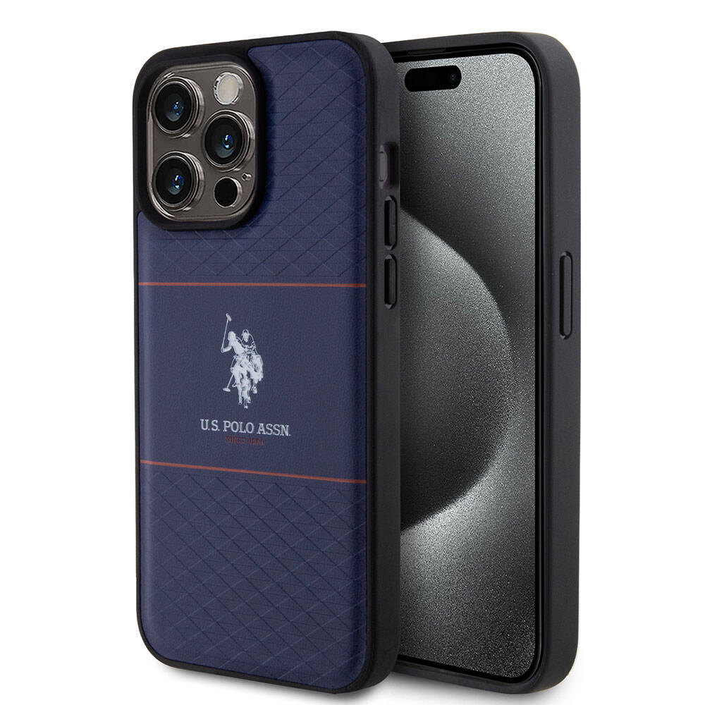 iPhone Uyumlu 15 Pro Max Kılıf U.S. Polo Assn. Orjinal Lisanslı Deri Şeritli Logo Dizayn Kapak-Lacivert