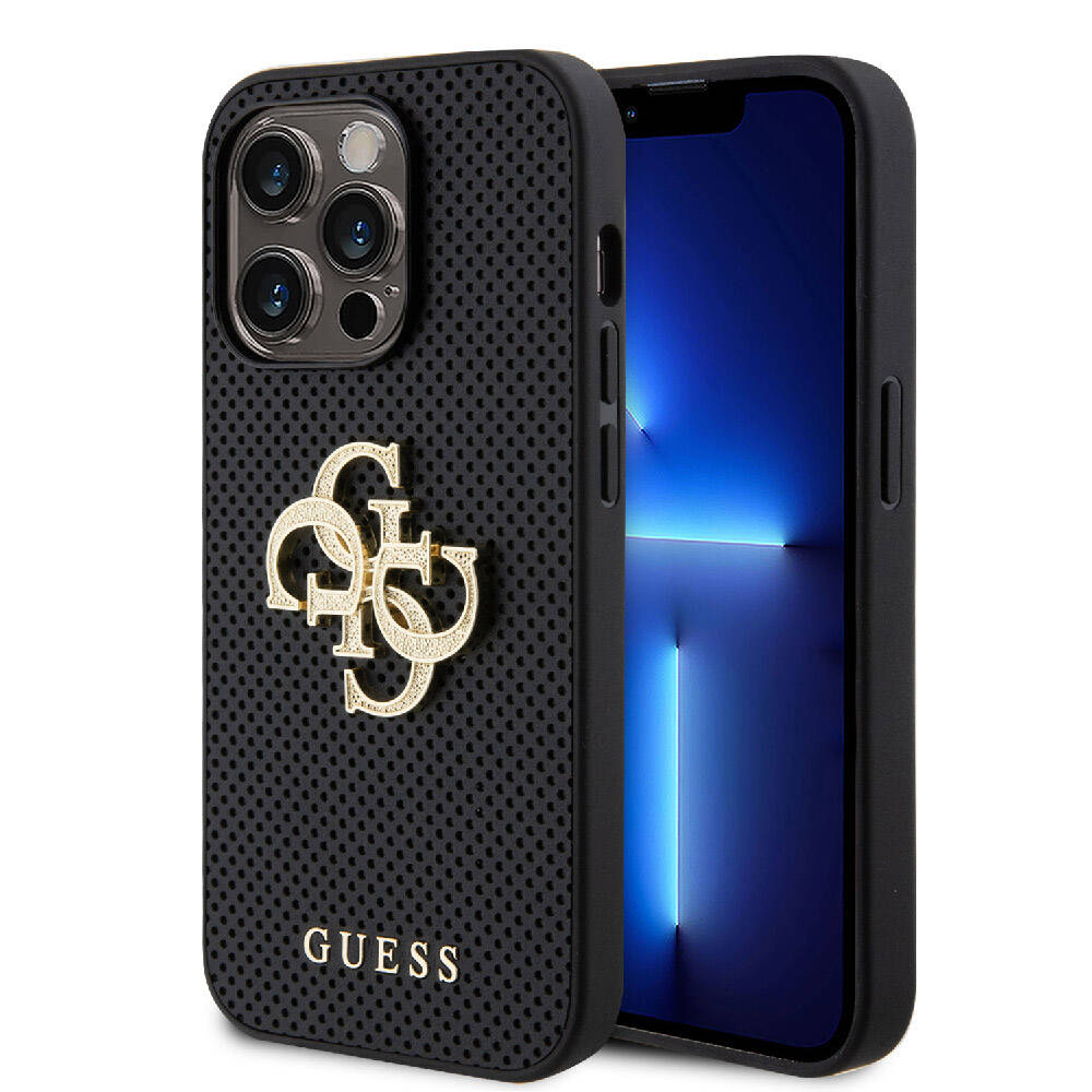 iPhone Uyumlu 15 Pro Max Kılıf Guess Orjinal Lisanslı Delikli Yazı ve 4G Glitter Büyük Metal Logolu Kapak