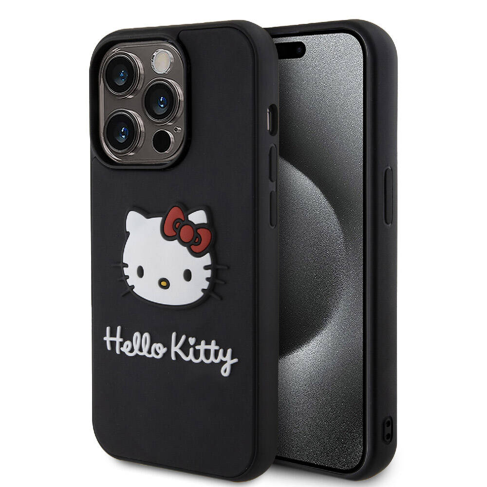 iPhone Uyumlu 15 Pro Kılıf Hello Kitty Orjinal Lisanslı Yazı ve İkonik Logolu 3D Rubber Kitty Head Kapak-Siyah