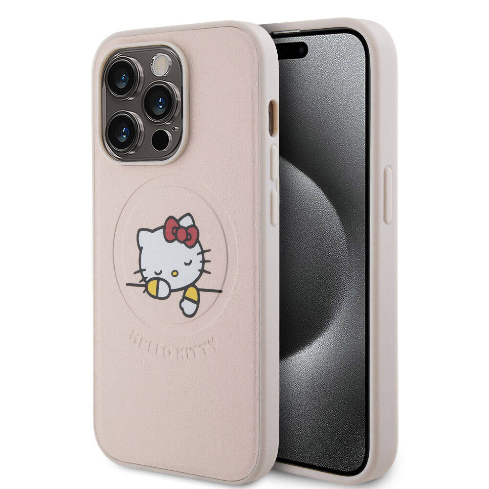 iPhone Uyumlu 15 Pro Kılıf Hello Kitty Orjinal Lisanslı Magsafe Şarj Özellikli Baskı Logolu Uyuyan Kitty Deri Kapak-Pembe