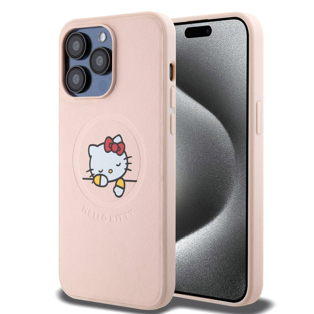 iPhone Uyumlu 15 Pro Max Kılıf Hello Kitty Orjinal Lisanslı Magsafe Şarj Özellikli Baskı Logolu Uyuyan Kitty Deri Kapak-Pembe