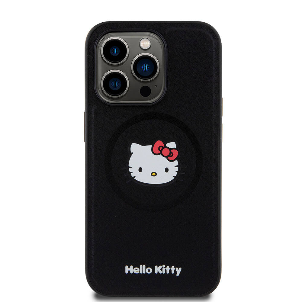 iPhone Uyumlu 15 Pro Kılıf Hello Kitty Orjinal Lisanslı Magsafe Şarj Özellikli Kitty Head Deri Kapak-Siyah