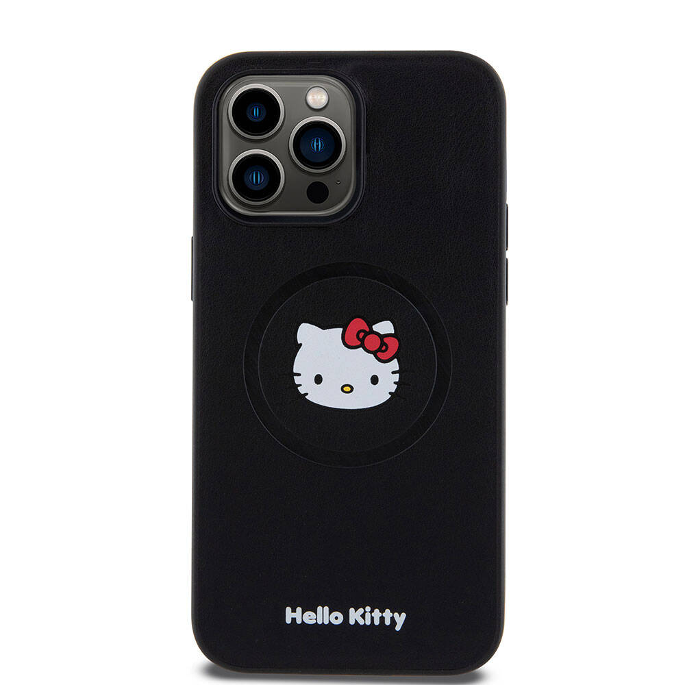 iPhone Uyumlu 15 Pro Max Kılıf Hello Kitty Orjinal Lisanslı Magsafe Şarj Özellikli Kitty Head Deri Kapak-Siyah