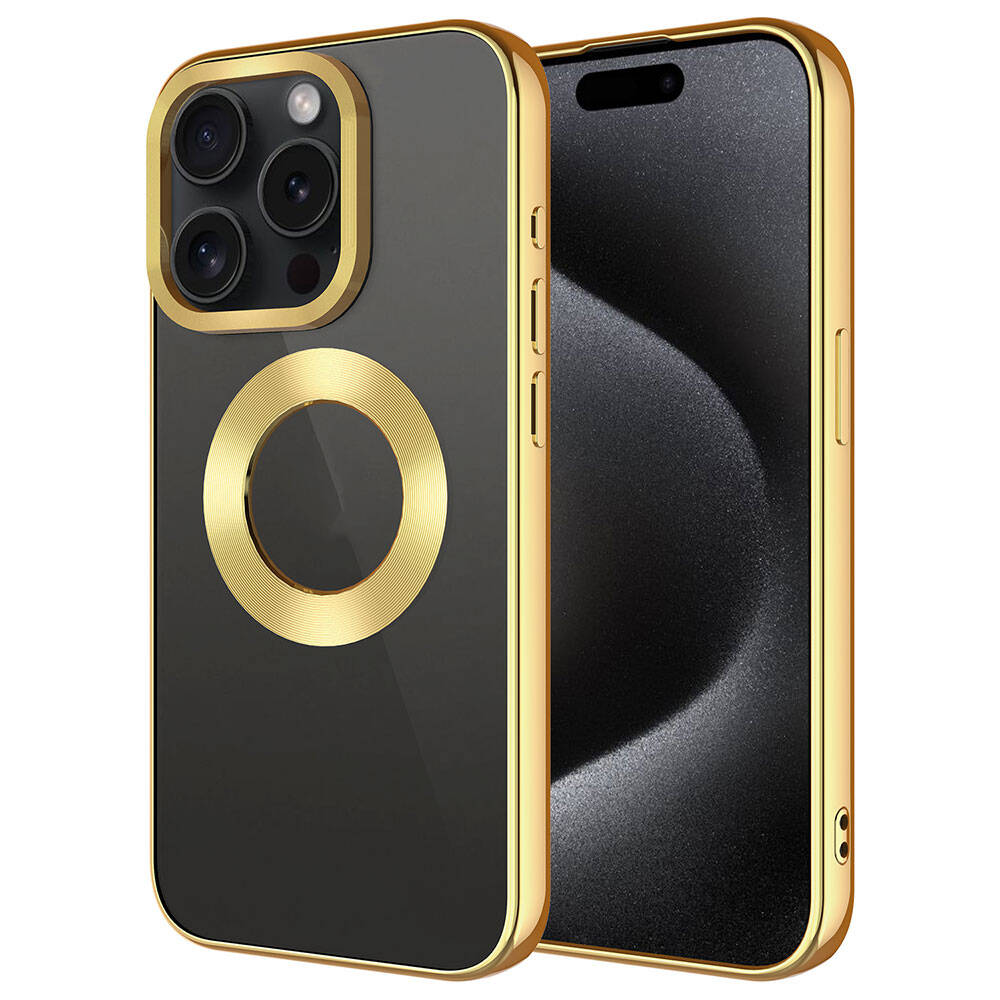 iPhone Uyumlu 15 Pro Kılıf Tek Kamera Çerçeveli Logo Gösteren Tuhatu Omega Kapak-Gold