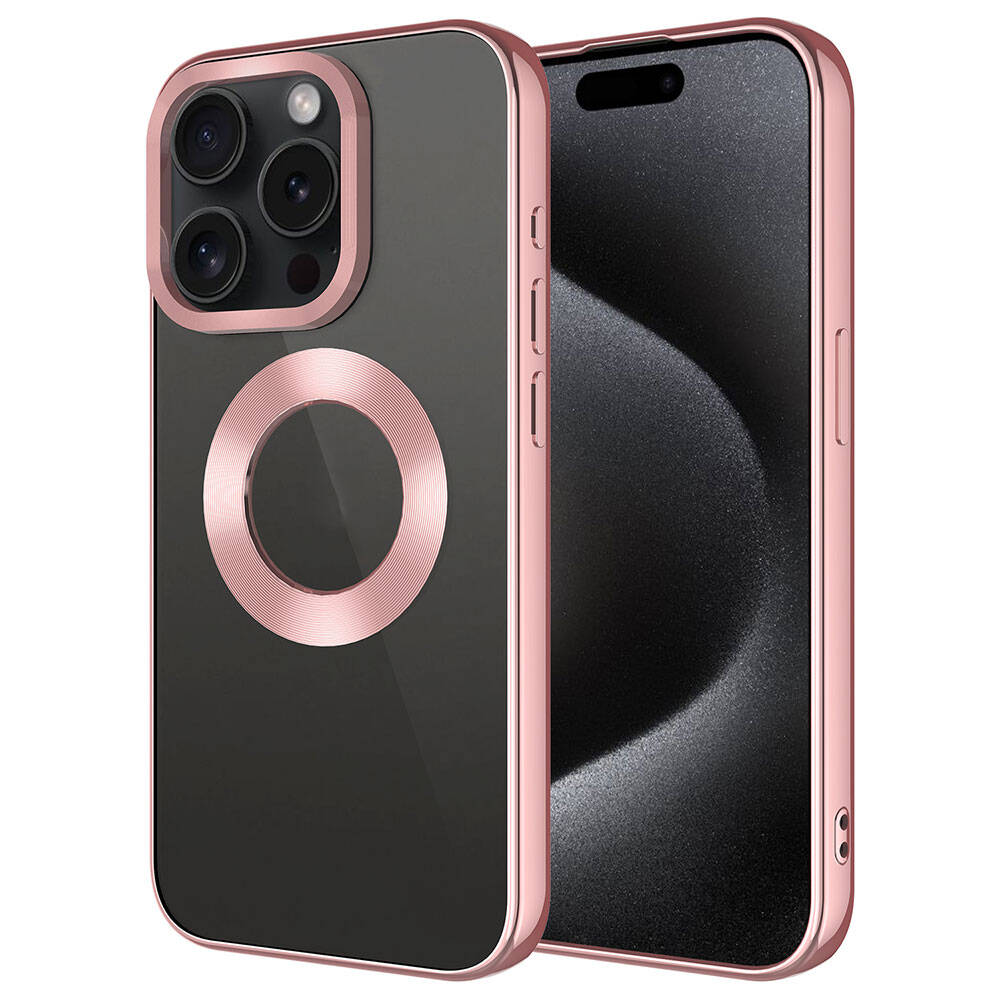 iPhone Uyumlu 15 Pro Kılıf Tek Kamera Çerçeveli Logo Gösteren Tuhatu Omega Kapak-Rose gold