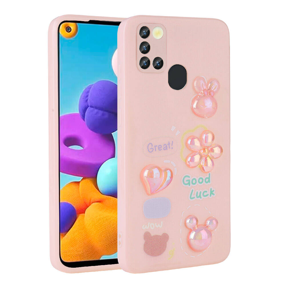 Galaxy Uyumlu A21S Kılıf Kabartma Figürlü Parlak Tuhatu Toys Silikon Kapak-Pembe