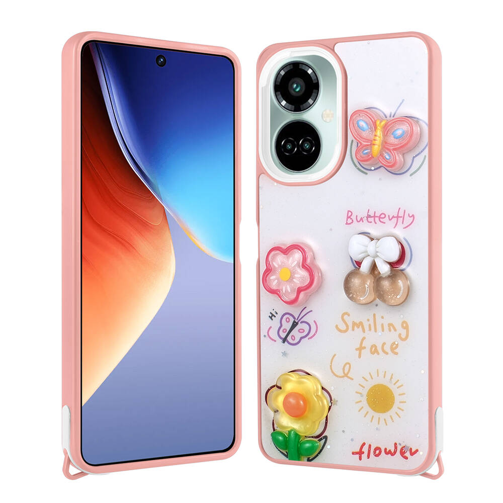 Tecno Camon 19 Kılıf Parlayan Simli Kabartma Figürlü Tuhatu Cevze Kapak-Pembe