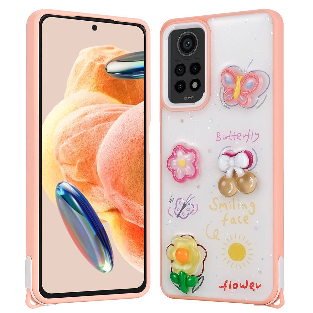 Xiaomi Uyumlu Redmi Note 12 Pro 4G Kılıf Parlayan Simli Kabartma Figürlü Tuhatu Cevze Kapak-Pembe