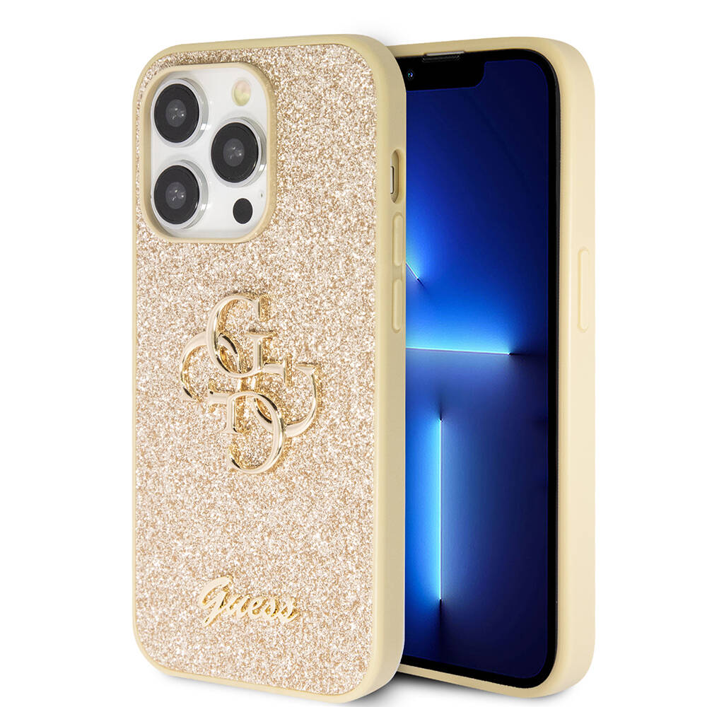 iPhone Uyumlu 14 Pro Max Kılıf Guess Orjinal Lisanslı 4G Büyük Metal Logolu Glitter Kapak-Gold