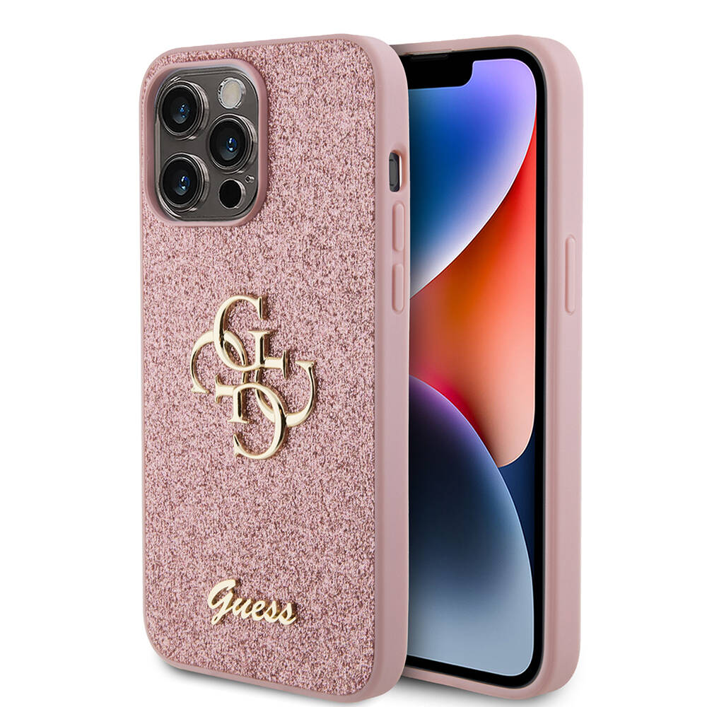 iPhone Uyumlu 14 Pro Max Kılıf Guess Orjinal Lisanslı 4G Büyük Metal Logolu Glitter Kapak-Pembe