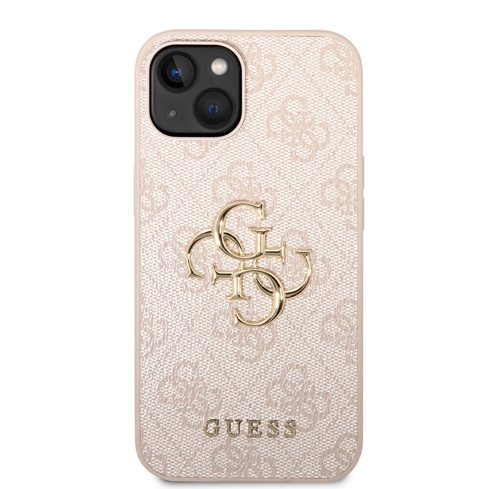 iPhone Uyumlu 14 Kılıf Guess PU Deri Büyük Metal Logo Dizaynlı Kapak-Pembe