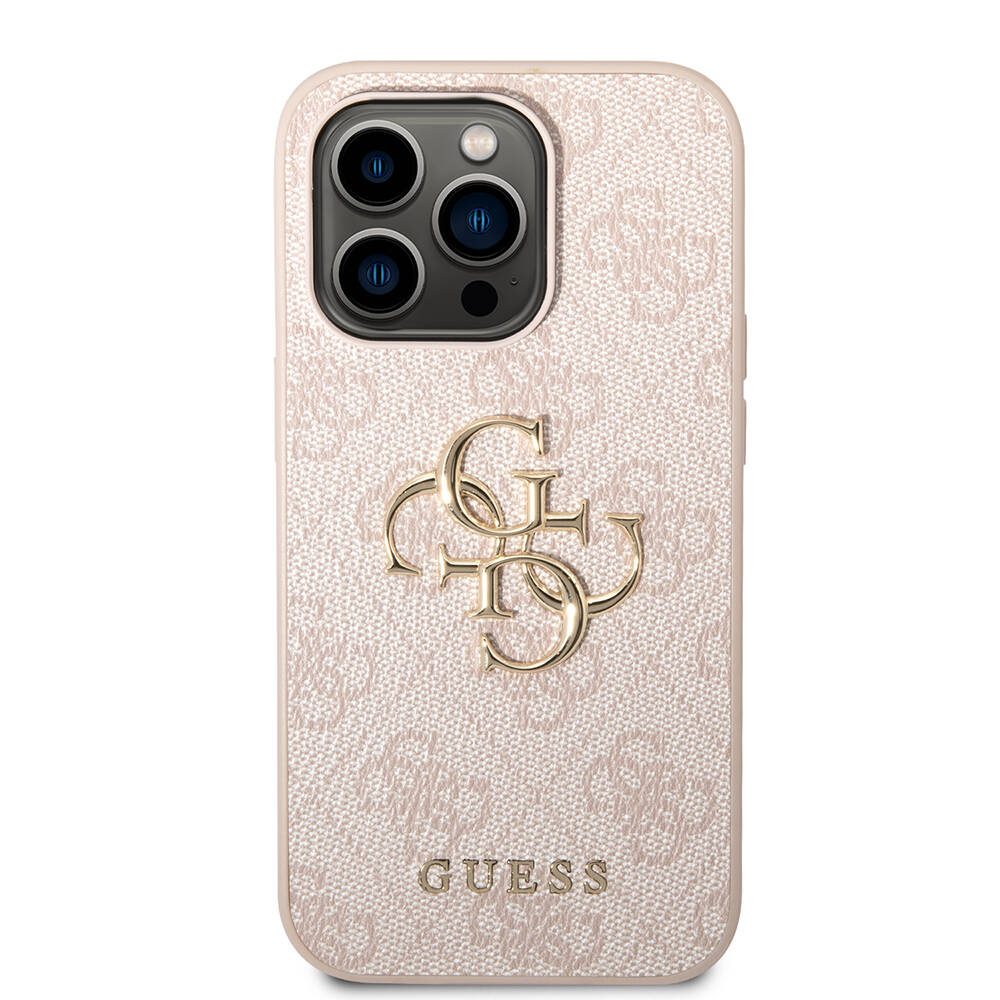 iPhone Uyumlu 14 Pro Kılıf Guess PU Deri Büyük Metal Logo Dizaynlı Kapak-Pembe