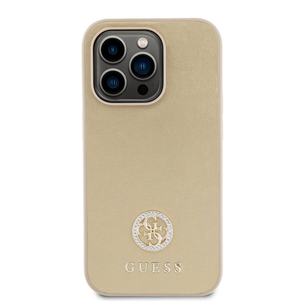 iPhone Uyumlu 14 Pro Max Kılıf Guess Orjinal Lisanslı Deri 4G Metal Logo Strass Kapak-Gold