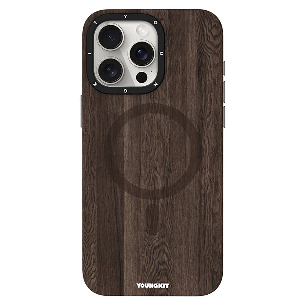 iPhone Uyumlu 14 Pro Max Kılıf Magsafe Şarj Özellikli Sararmaya Dayanıklı Youngkit Wood Forest Serisi Kapak-Kahverengi