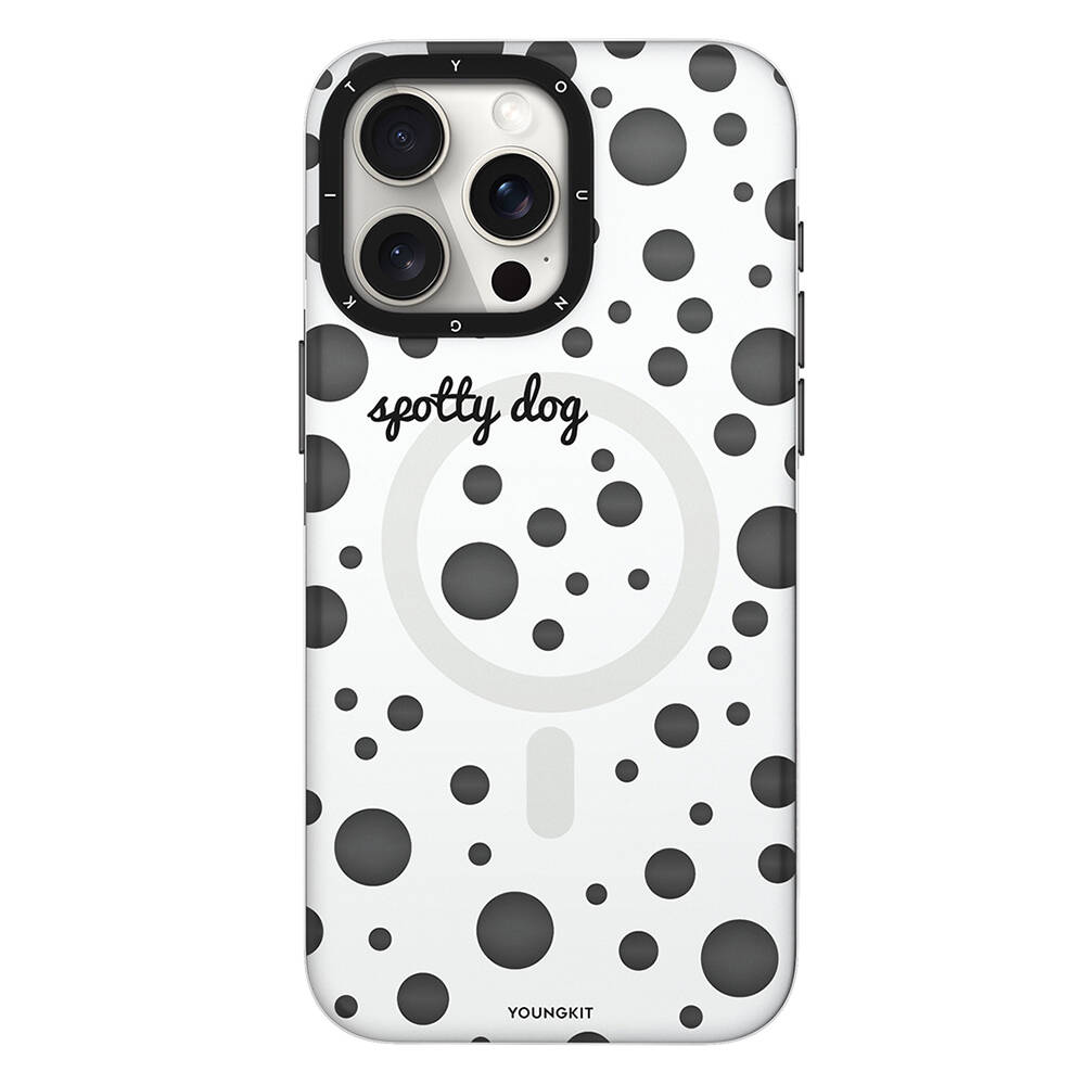 iPhone Uyumlu 13 Pro Max Kılıf Magsafe Şarj Özellikli Polka Dot Desenli Youngkit Spots Serisi Kapak-Beyaz