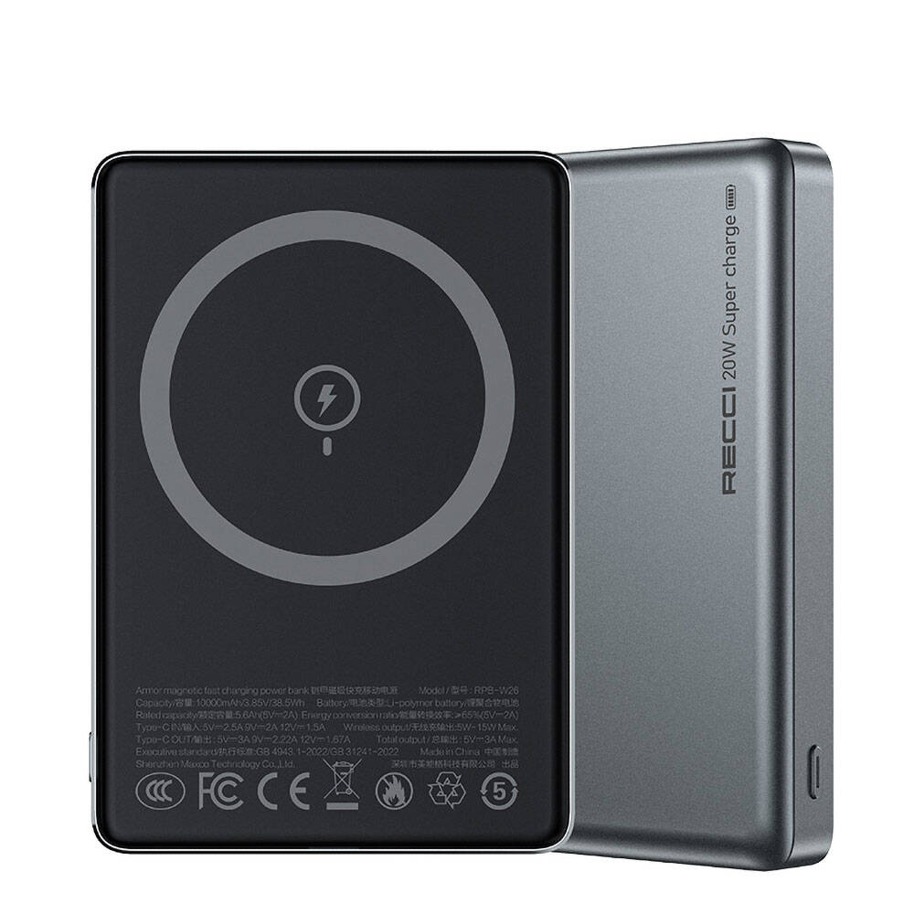 Recci RPB-W26 Armor Serisi Ultra İnce PD 20W Hızlı Şarj Özellikli Wireless Powerbank 15W 10000mAh-Gri