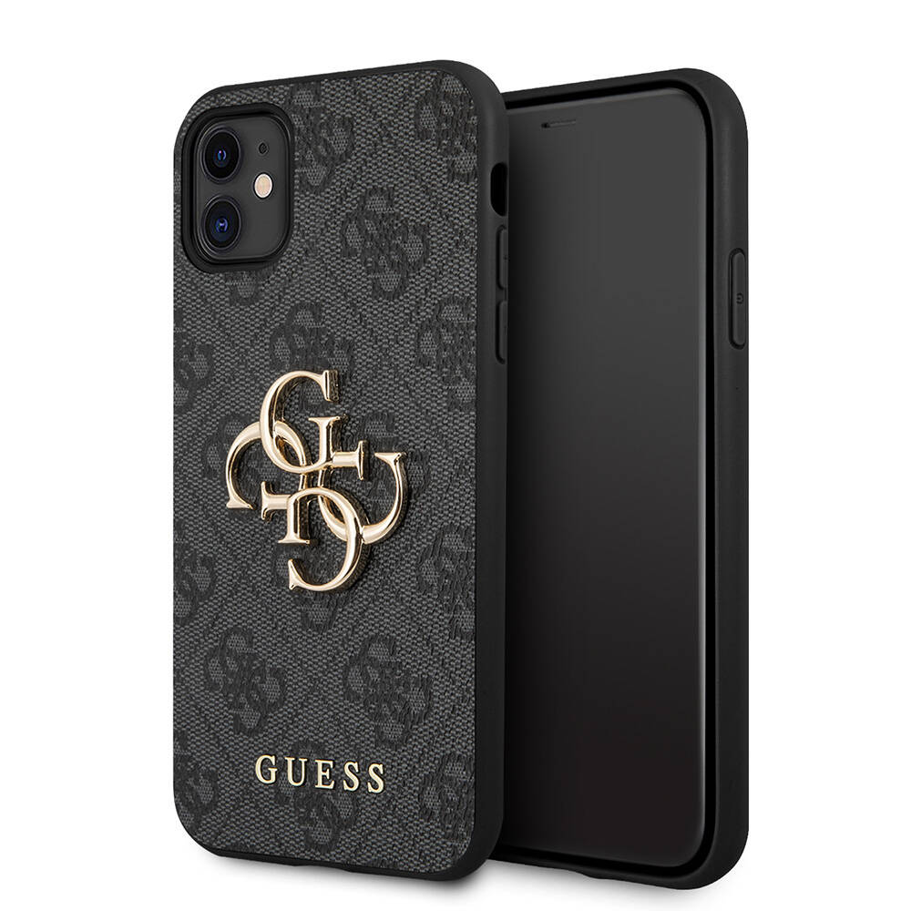 iPhone Uyumlu 11 Kılıf Guess PU Deri Büyük Metal Logo Dizaynlı Kapak-Gri