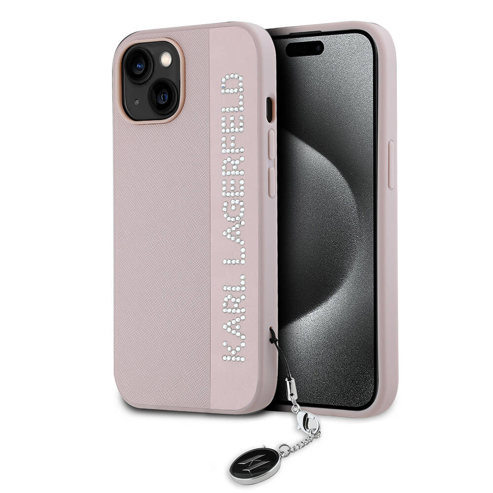 iPhone Uyumlu 14 Kılıf Karl Lagerfeld Orjinal Lisanslı Anahtarlıklı Taşlı KL Yazılı Saffiano Rhinestones Kapak-Pembe