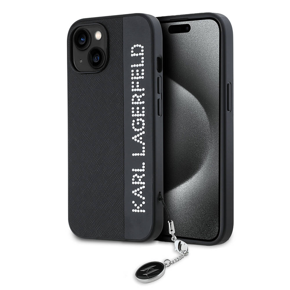 iPhone Uyumlu 14 Kılıf Karl Lagerfeld Orjinal Lisanslı Anahtarlıklı Taşlı KL Yazılı Saffiano Rhinestones Kapak