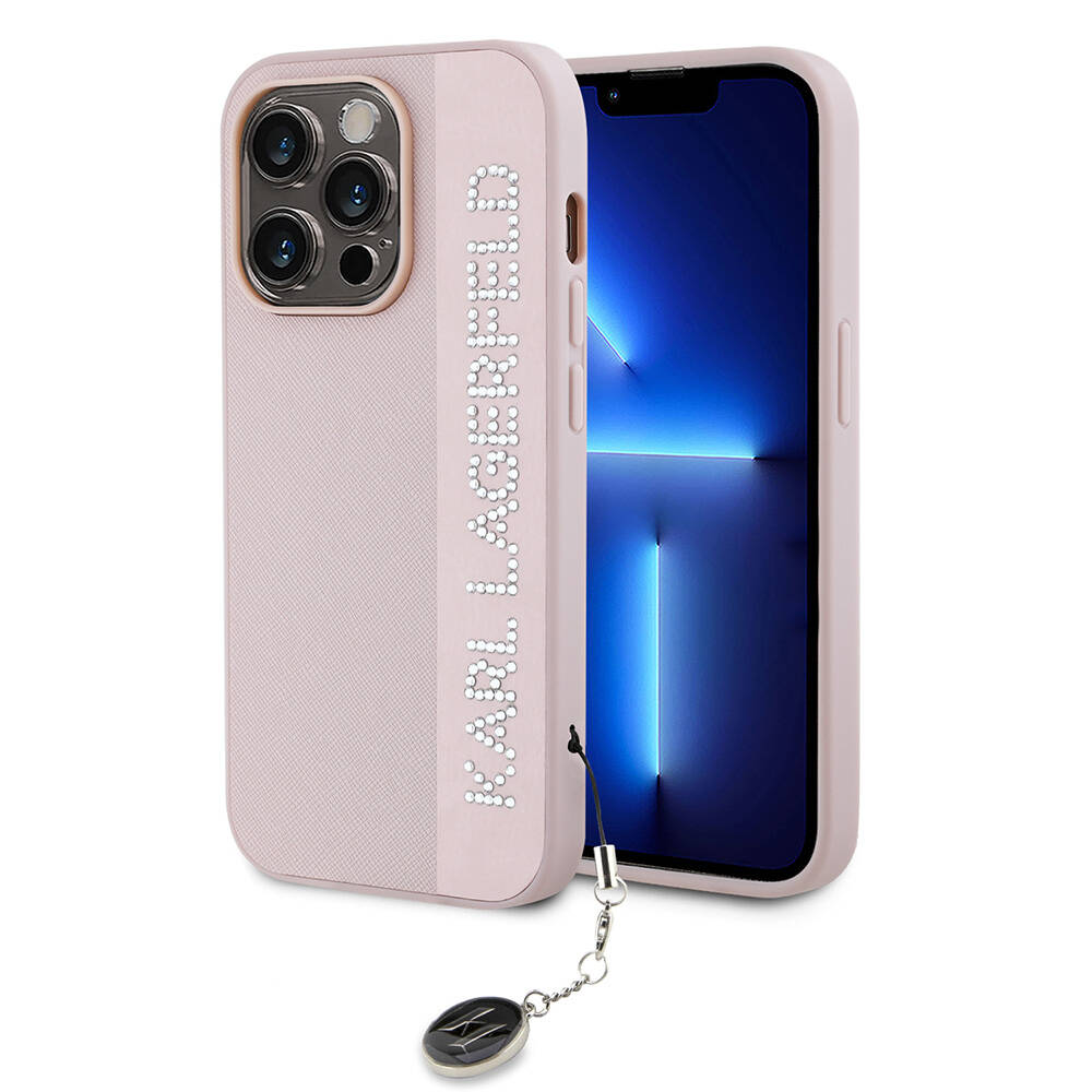 iPhone Uyumlu 14 Pro Max Kılıf Karl Lagerfeld Orjinal Lisanslı Anahtarlıklı Taşlı KL Yazılı Saffiano Rhinestones Kapak-Pembe