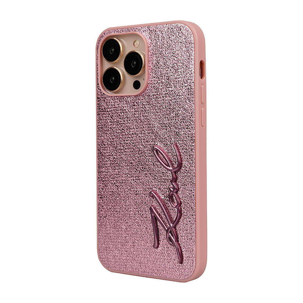 iPhone Uyumlu 14 Pro Max Kılıf Karl Lagerfeld Orjinal Lisanslı 3D KL Yazılı Tüylü Arka Yüzey Saffiano Rhinestones Kapak-Pembe