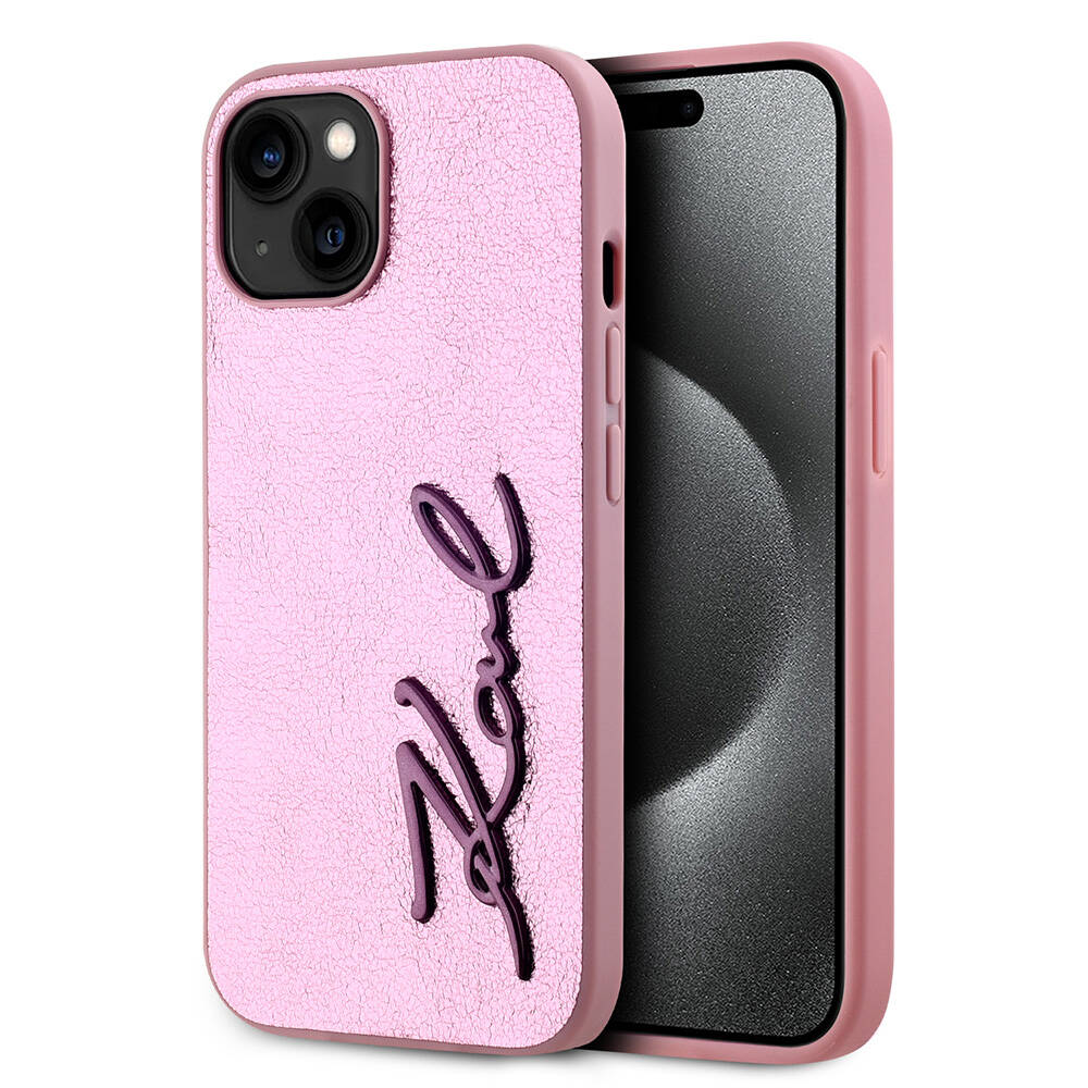 iPhone Uyumlu 15 Kılıf Karl Lagerfeld Orjinal Lisanslı 3D KL Yazılı Tüylü Arka Yüzey Saffiano Rhinestones Kapak-Pembe