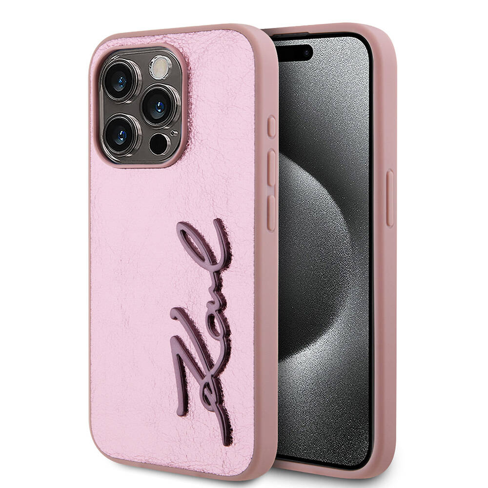 iPhone Uyumlu 15 Pro Kılıf Karl Lagerfeld Orjinal Lisanslı 3D KL Yazılı Tüylü Arka Yüzey Saffiano Rhinestones Kapak-Pembe