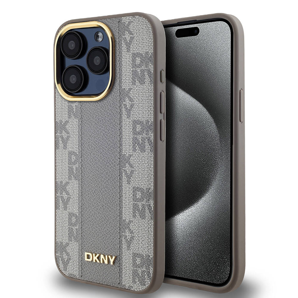 iPhone Uyumlu 15 Pro Kılıf DKNY Orjinal Lisanslı Magsafe Şarj Özellikli 3D Yazılı Checkered Pattern Kapak-Krem