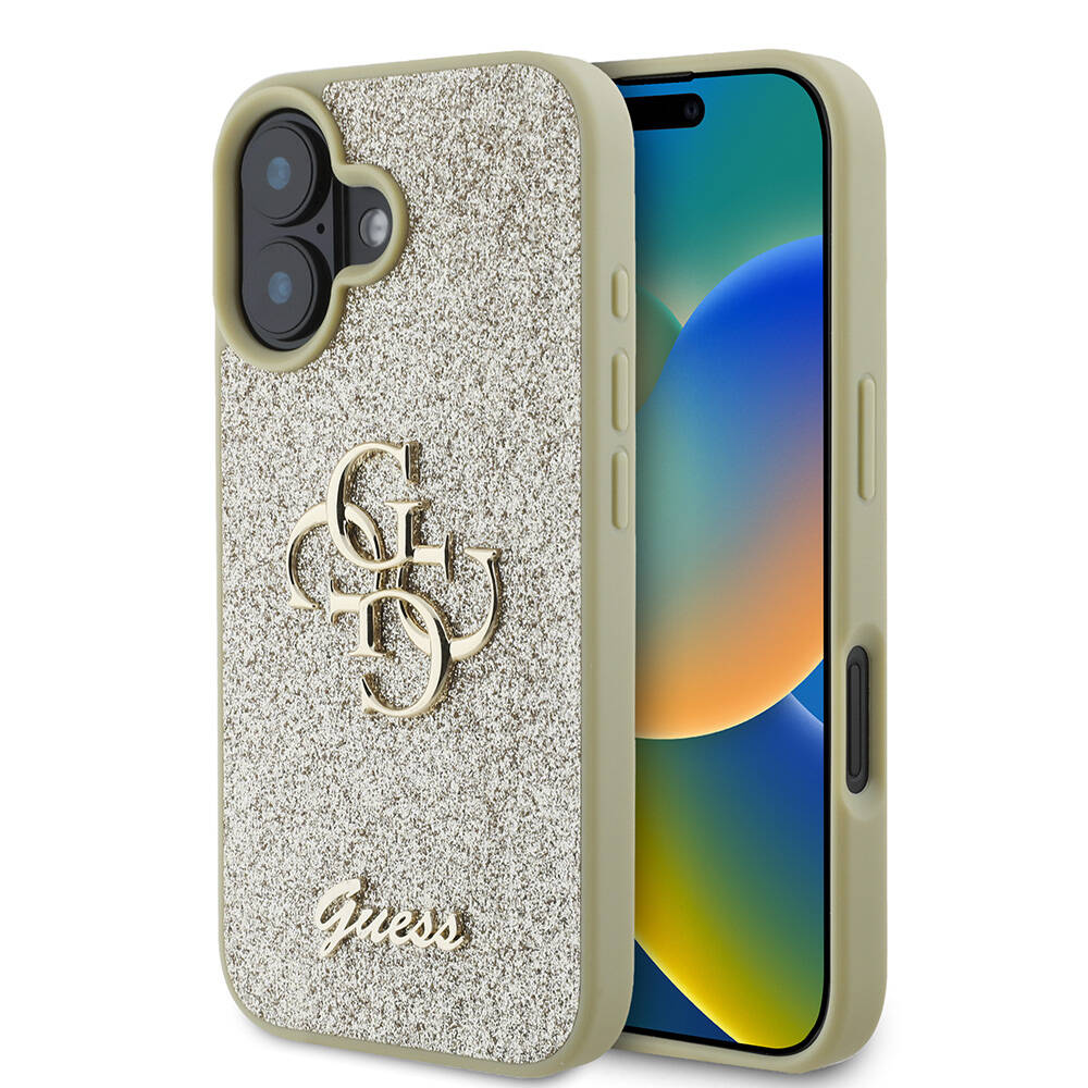 iPhone Uyumlu 16 Kılıf Guess Orjinal Lisanslı 4G Büyük Metal Logolu Glitter Kapak-Gold