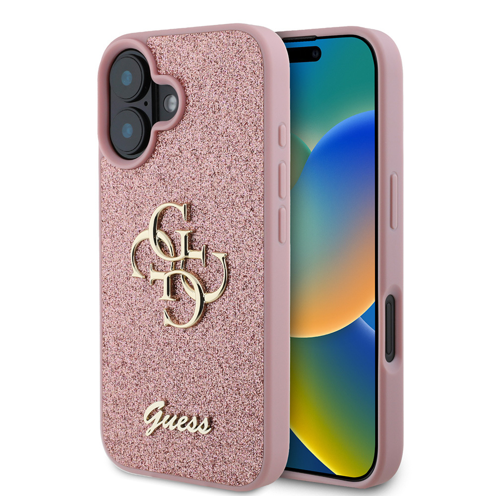 iPhone Uyumlu 16 Kılıf Guess Orjinal Lisanslı 4G Büyük Metal Logolu Glitter Kapak-Pembe