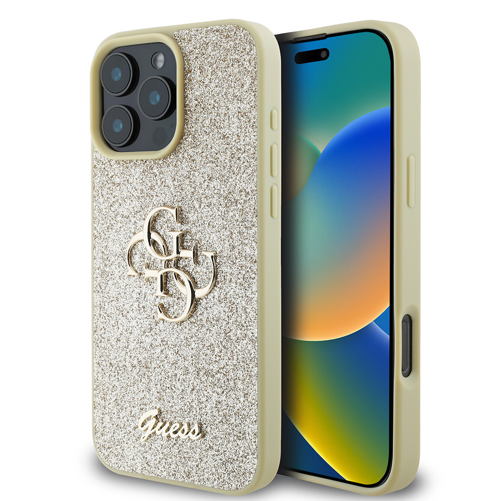 iPhone Uyumlu 16 Pro Kılıf Guess Orjinal Lisanslı 4G Büyük Metal Logolu Glitter Kapak-Gold