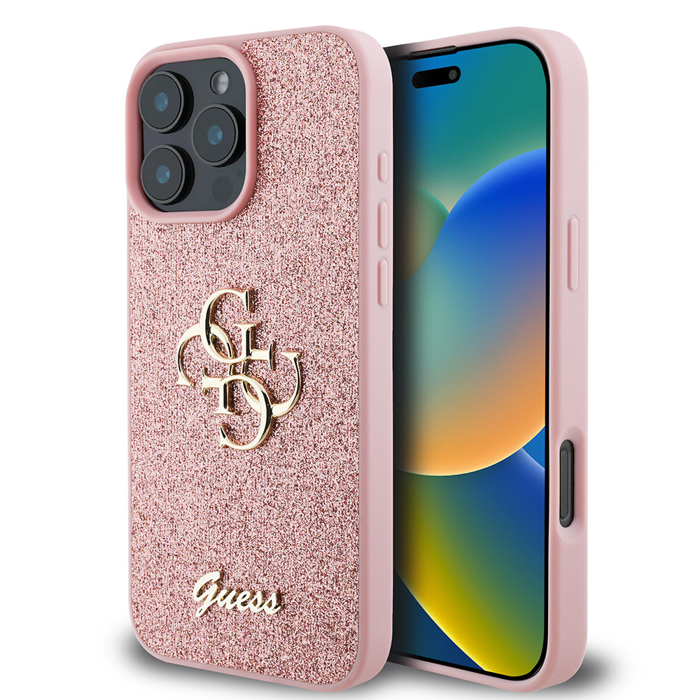 iPhone Uyumlu 16 Pro Kılıf Guess Orjinal Lisanslı 4G Büyük Metal Logolu Glitter Kapak-Pembe