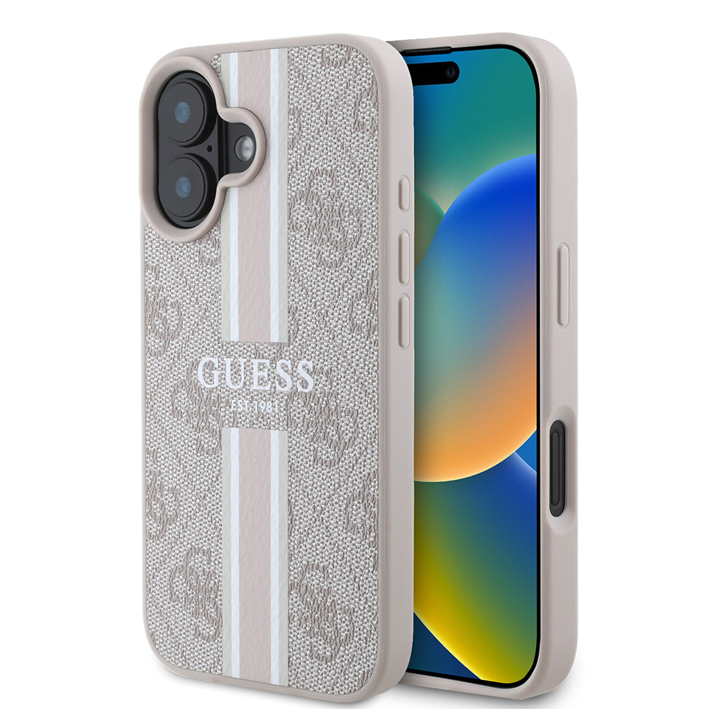 iPhone Uyumlu 16 Kılıf Guess Orjinal Lisanslı Magsafe Şarj Özellikli 4G Şerit Tasarımlı Printed Kapak-Pembe