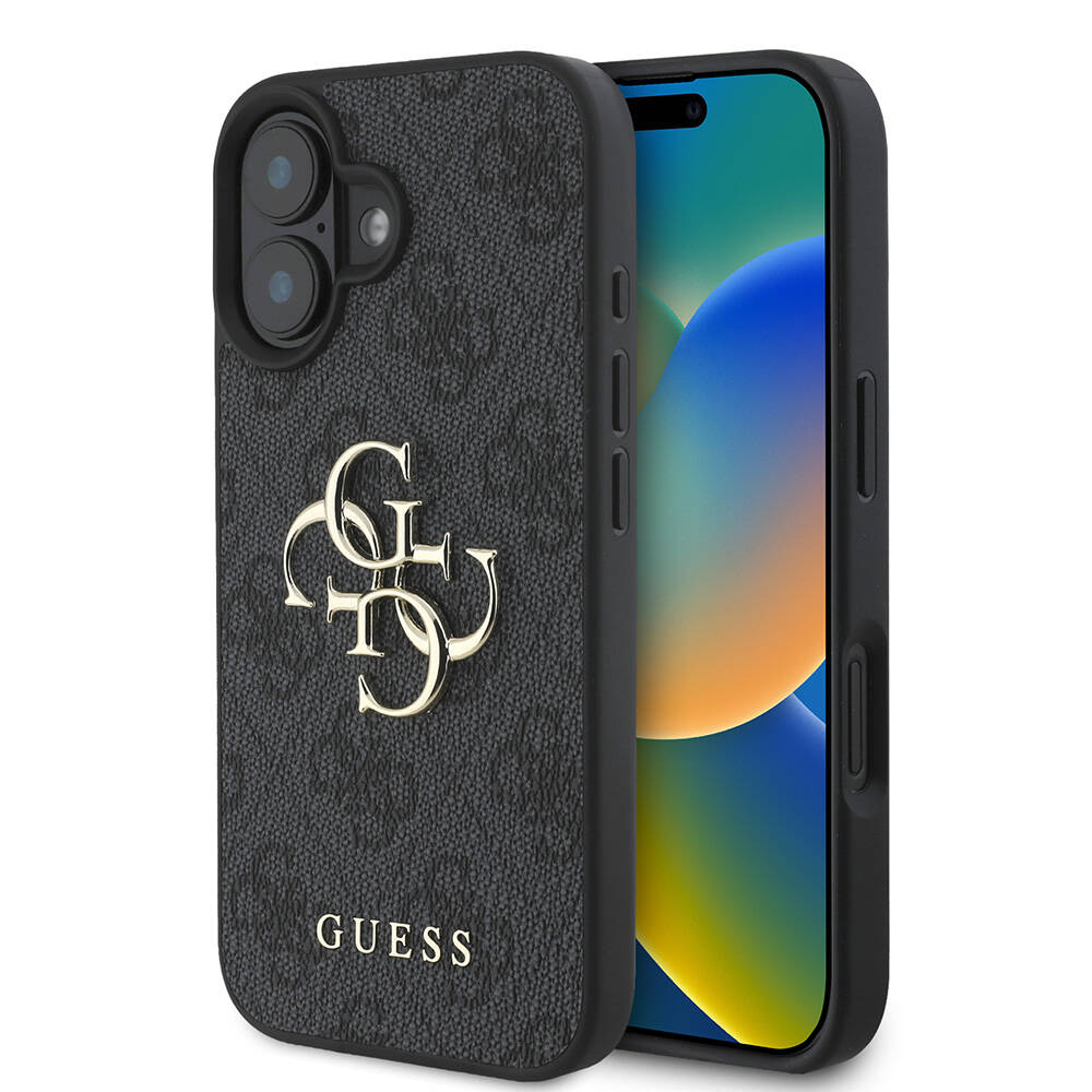 iPhone Uyumlu 16 Plus Kılıf Guess Orjinal Lisanslı PU Deri 4G Desenli Metal Büyük 4G ve Yazı Logolu Kapak