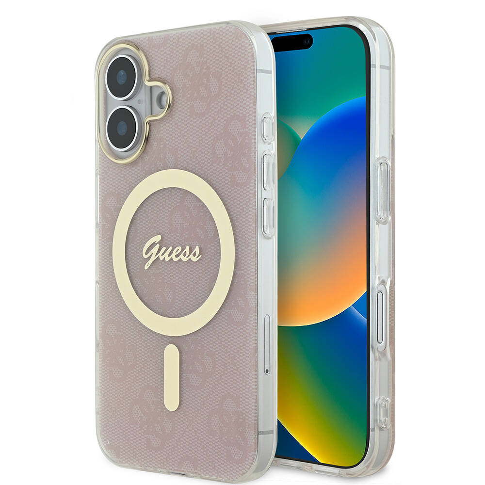 iPhone Uyumlu 16 Plus Kılıf Guess Orjinal Lisanslı Magsafe Şarj Özellikli Yazı Logolu 4G Desenli Kapak-Pembe