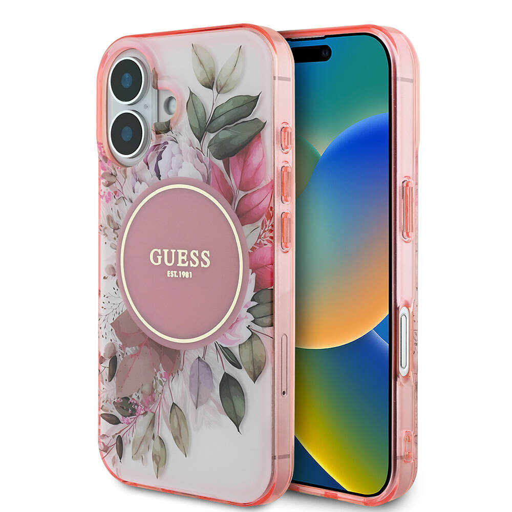 iPhone Uyumlu 16 Kılıf Guess Orjinal Lisanslı Magsafe Şarj Özellikli IML Baskılı Yazı Logolu Flower Tonal Circle Kapak-Pembe