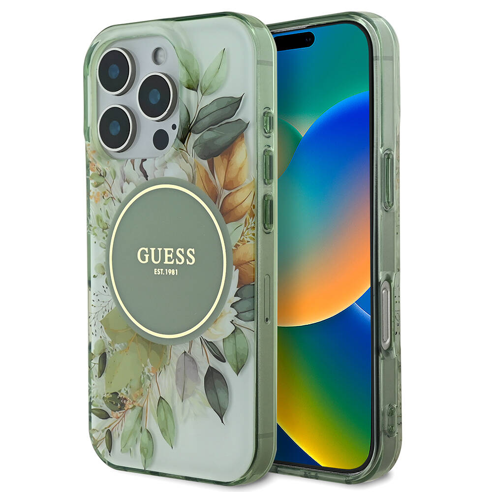 iPhone Uyumlu 16 Pro Kılıf Guess Orjinal Lisanslı Magsafe Şarj Özellikli Flower Tonal Circle Kapak-Yeşil