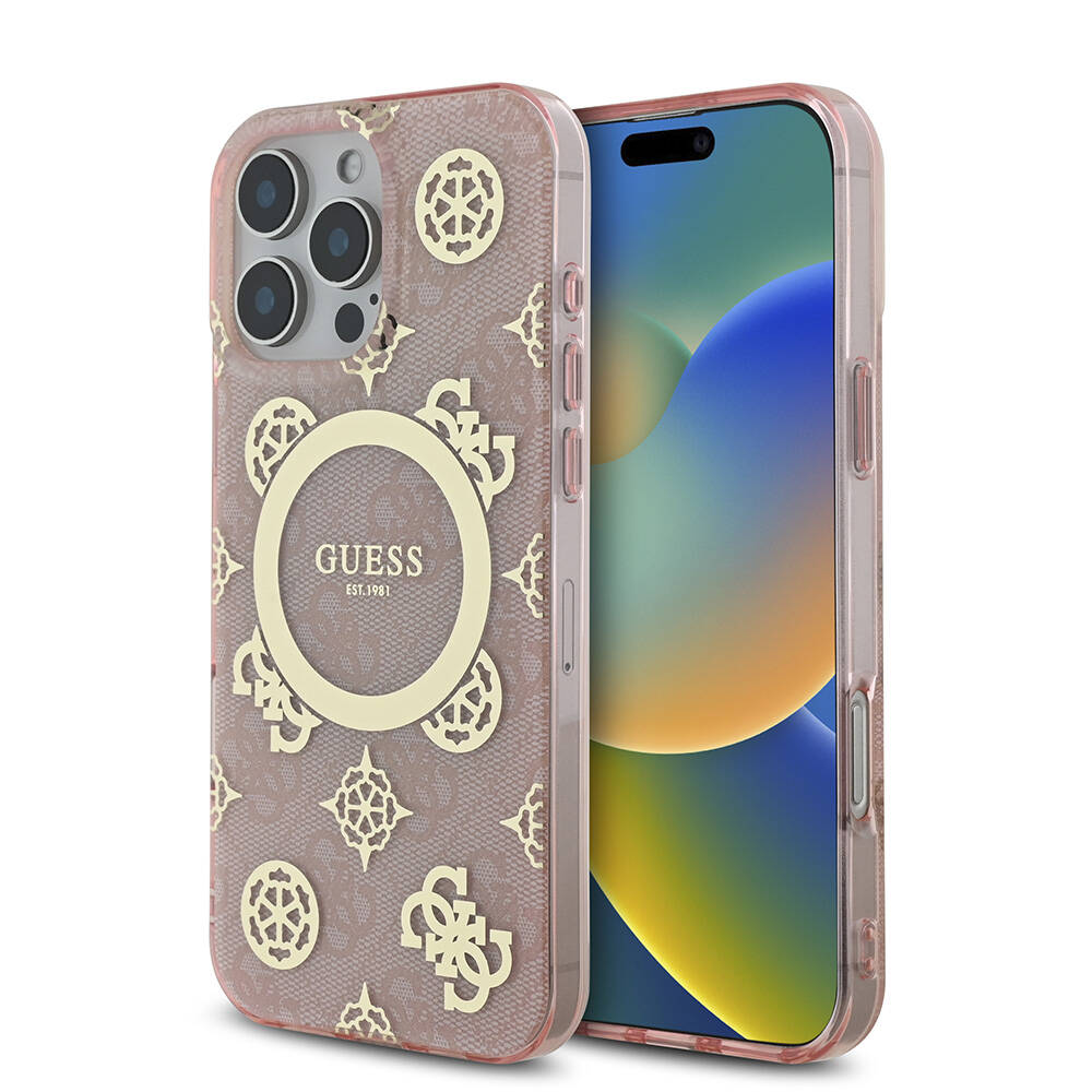 iPhone Uyumlu 16 Pro Max Kılıf Guess Orjinal Lisanslı Magsafe Şarj Özellikli IML Peony ve 4G Desenli Klasik Logolu Kapak-Pembe