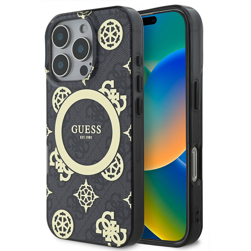 iPhone Uyumlu 16 Pro Max Kılıf Guess Orjinal Lisanslı Magsafe Şarj Özellikli IML Peony ve 4G Desenli Klasik Logolu Kapak