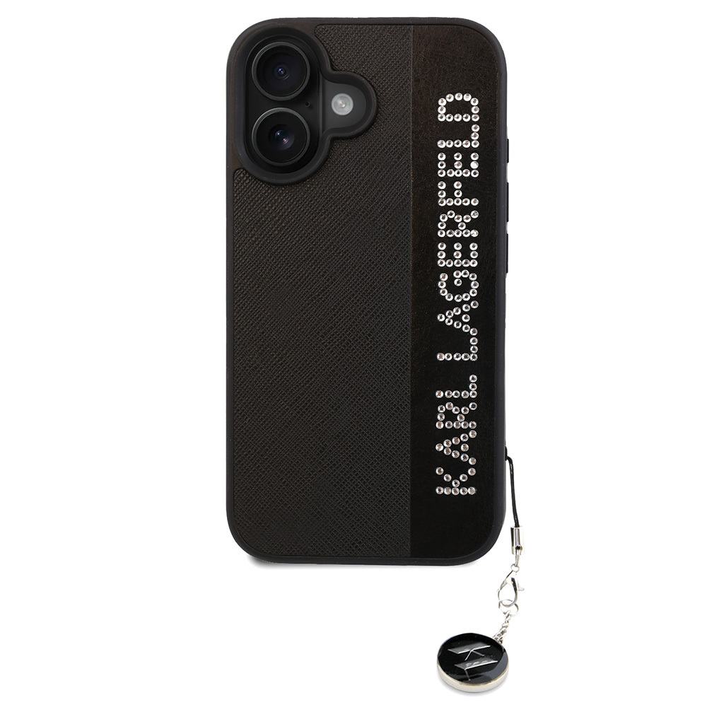 iPhone Uyumlu 16 Kılıf Karl Lagerfeld Orjinal Lisanslı Anahtarlıklı Taşlı KL Yazılı Saffiano Rhinestones Kapak