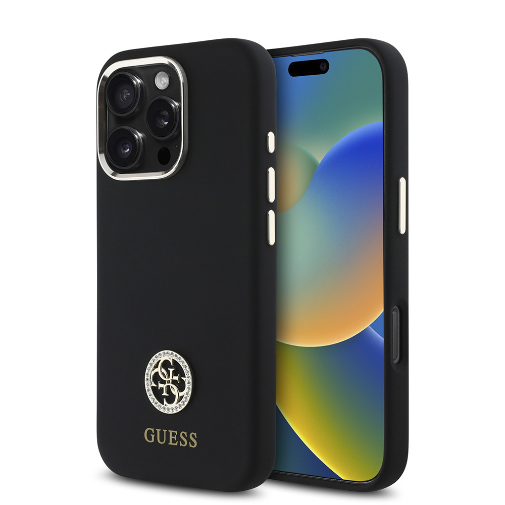 iPhone Uyumlu 16 Pro Kılıf Guess Orjinal Lisanslı Yazı ve Taşlı 4G Logolu Metal Kamera Çerçeveli Silikon Kapak