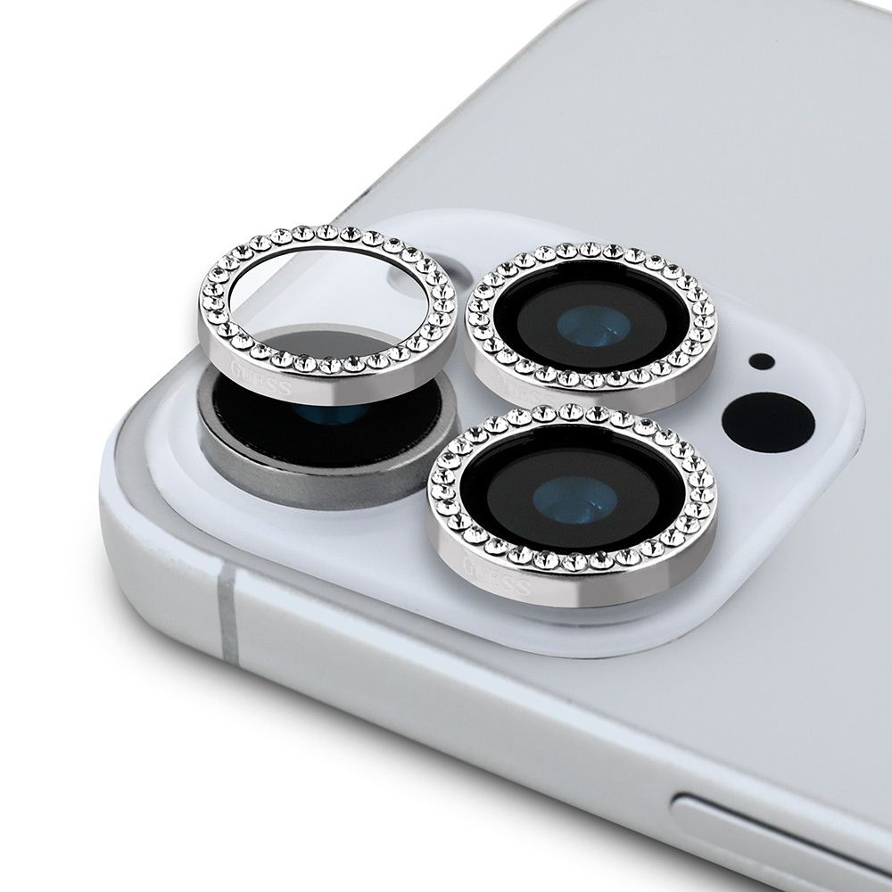 iPhone Uyumlu 16 Pro Guess Orjinal Lisanslı Rhinestone Taşlı Lens Koruyucu-Gümüş