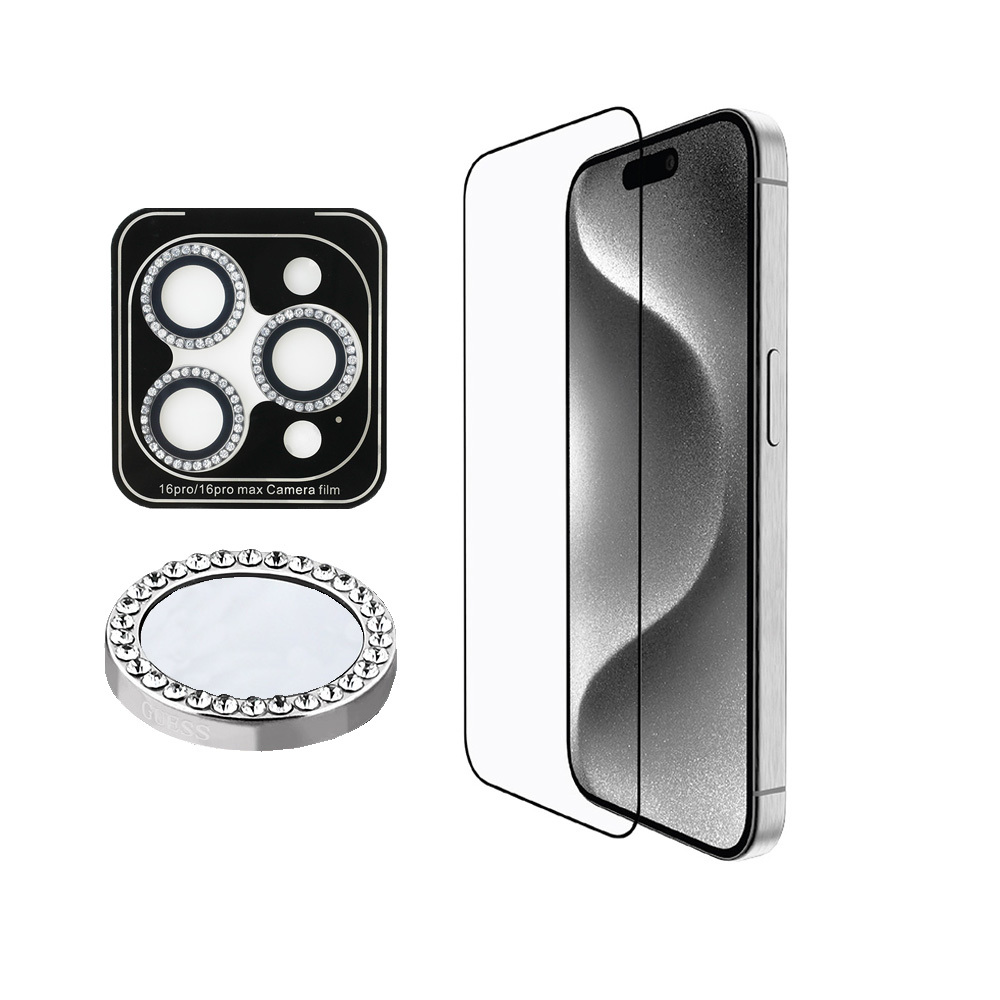 iPhone Uyumlu 16 Pro Guess Orjinal Lisanslı Rhinestone Ekran Koruyucu + Lens Koruyucu 2in1 Aksesuar Seti-Gümüş