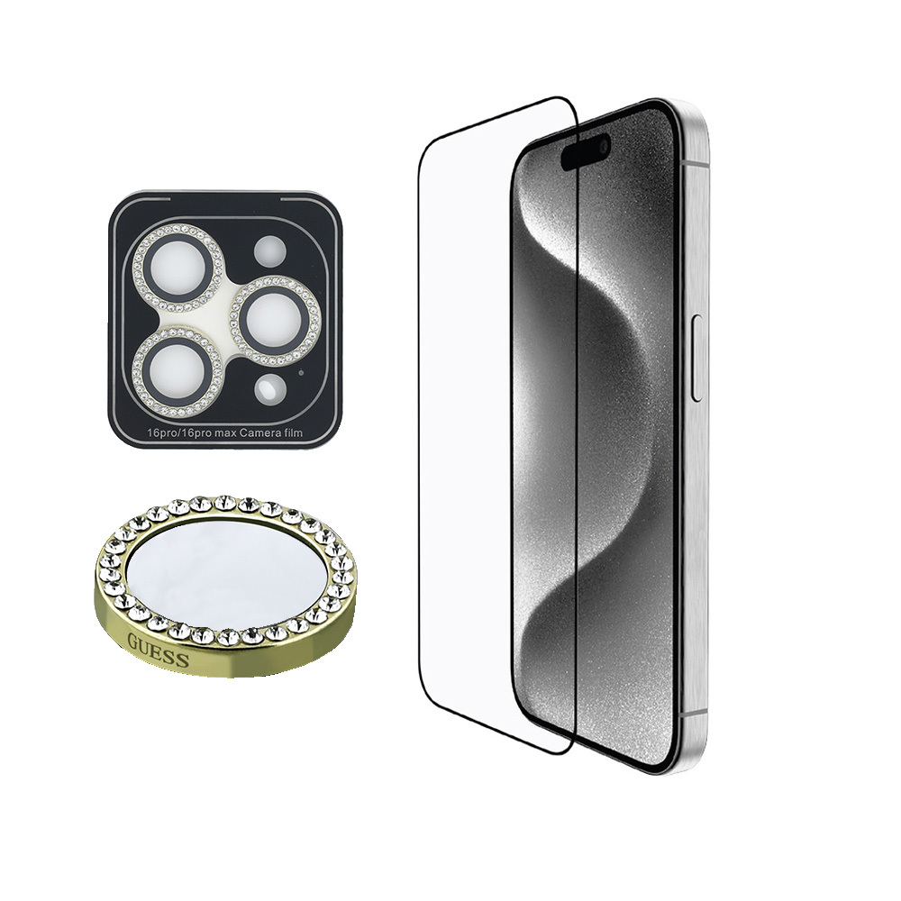 iPhone Uyumlu 16 Pro Guess Orjinal Lisanslı Rhinestone Ekran Koruyucu + Lens Koruyucu 2in1 Aksesuar Seti