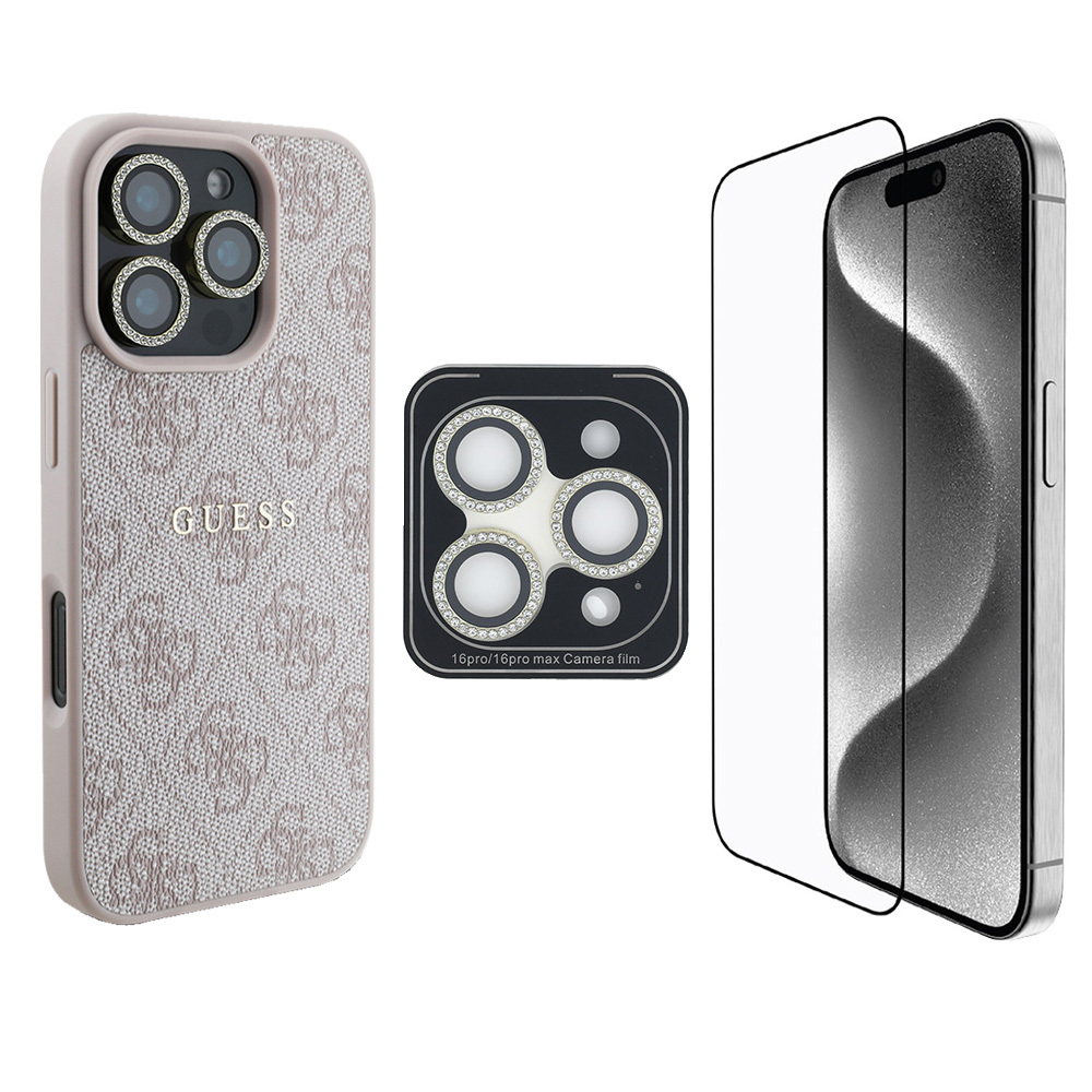 iPhone Uyumlu 16 Pro Guess Orjinal Lisanslı Kılıf + Ekran Koruyucu + Lens Koruyucu 3in1 Aksesuar Seti-Pembe