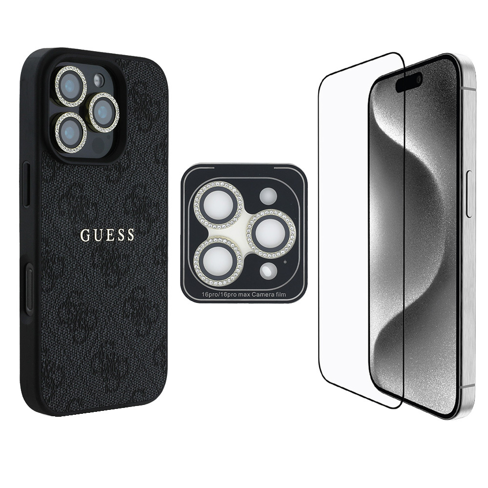 iPhone Uyumlu 16 Pro Guess Orjinal Lisanslı Kılıf + Ekran Koruyucu + Lens Koruyucu 3in1 Aksesuar Seti-Siyah