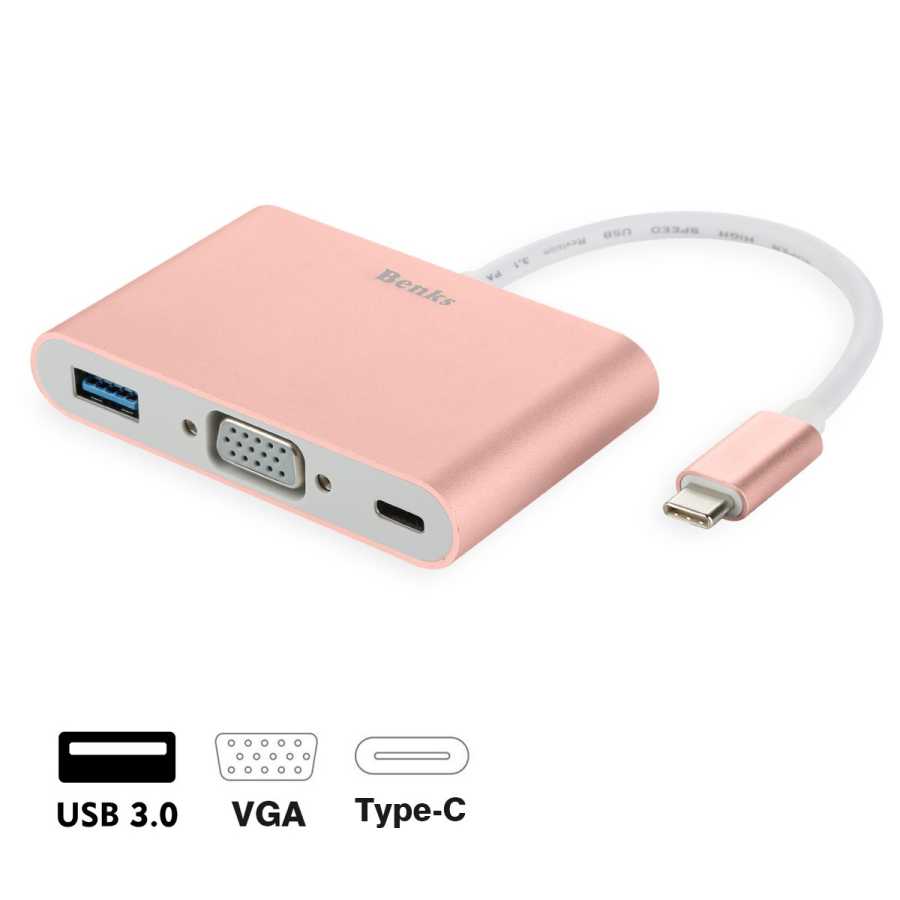 Benks U20 Type-C to 3 in 1 Adaptör (Usb 3.0+VGA+Type-C)-Rose gold