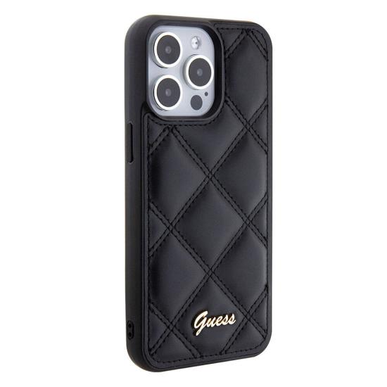 iPhone Uyumlu 15 Pro Max Kılıf Guess Orjinal Lisanslı PU Deri Metal Yazı Logolu Kapitone Kapak