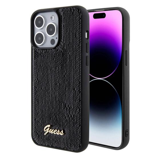 iPhone Uyumlu 15 Pro Max Kılıf Guess Orjinal Lisanslı Pullu Arka Yüzey Metal Yazı Logolu Sequin Script Kapak