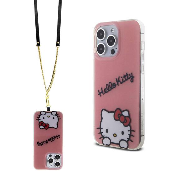 iPhone Uyumlu 15 Pro Max Kılıf Hello Kitty Orjinal Lisanslı Askılı Yazı ve İkonik Logolu Daydreaming Kapak